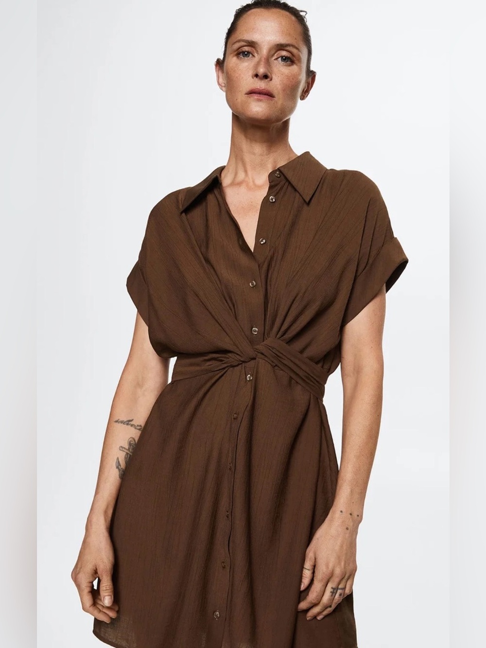 Mango Brown Knot-Front Midi Shirt Dress